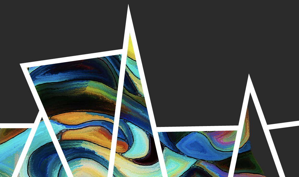 Abstract colourful graphic, with angular white linework.